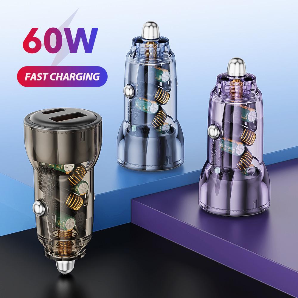 Transparent Mini Car Charger for Samsung: Dual Port Super Fast PD+QC Mobile Phone Flash Charging