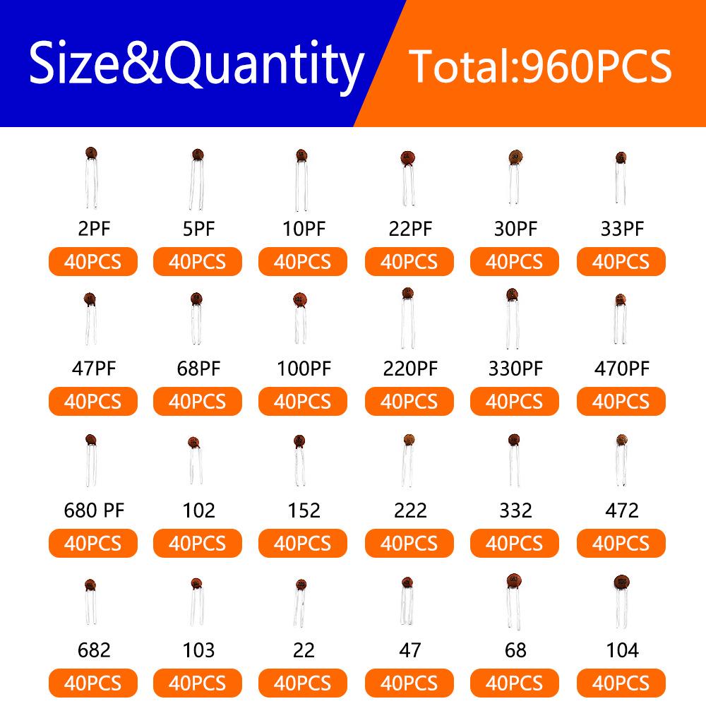 960PCS Ceramic Capacitor Set: 24 Varieties, 40 of Each (2pF-100nF)