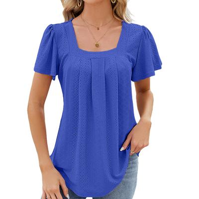 Women's Pleated Hollowed Out Tops Fashion Square Neck Jacquard Short Sleeve Swallowtail Blouse
