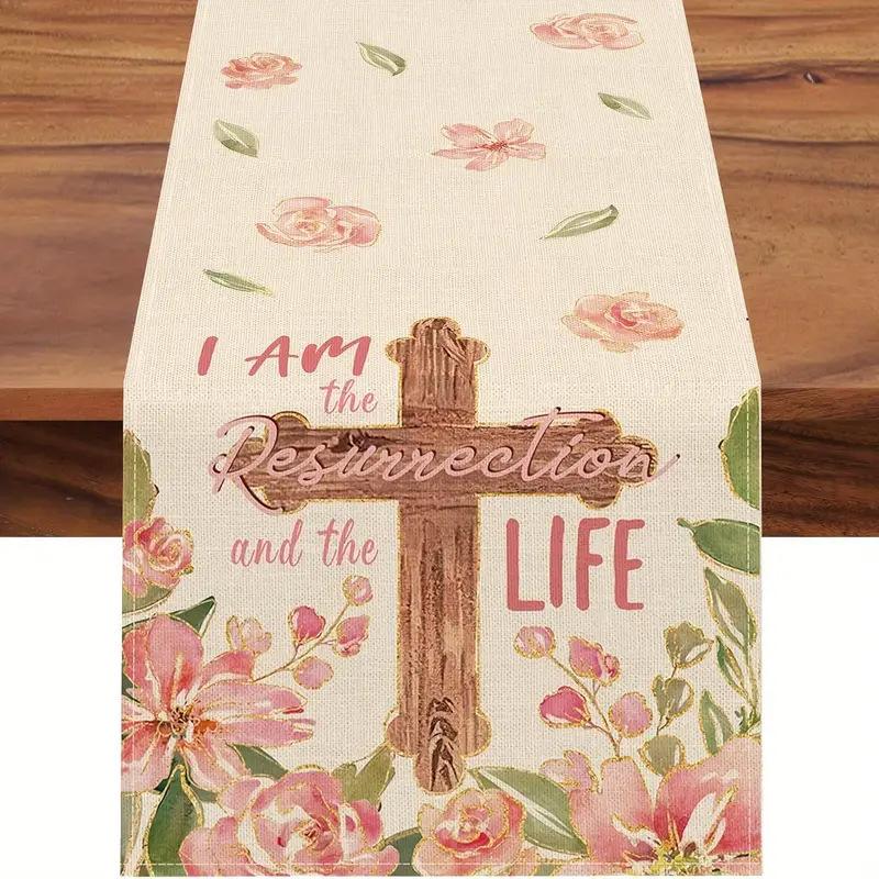 New Linen Happy Easter Table Runner Egg Rabbit Easter Tablecloth Bunny Placemat Dining