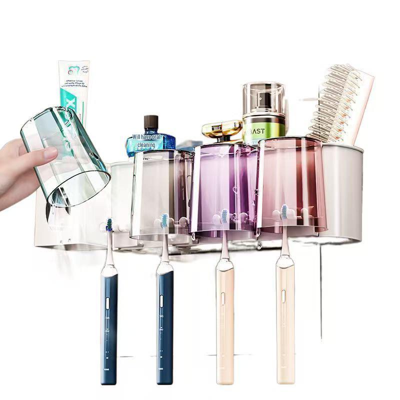 Electric Toothbrush & Mouthwash Cup Holder - No-Drill Wall-Mounted Multi-Functional Bathroom Organizer.