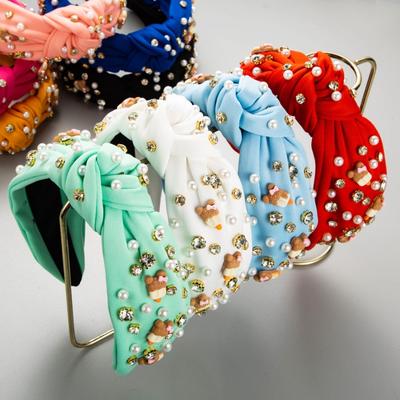 Harmony Hair Band Cross Border European and American Candy Color Fabric Headband Wide Edge Knot and Diamond Pearl Cute Korean Hair Jewelry