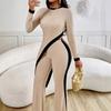 YYFS Women's Fashion Casual Spring Autumn Colour Block Print Long Sleeve O-Neck Trousers Pants Suits