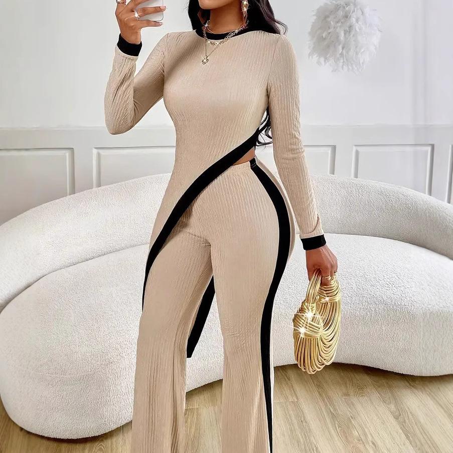 YYFS Women's Fashion Casual Spring Autumn Colour Block Print Long Sleeve O-Neck Trousers Pants Suits