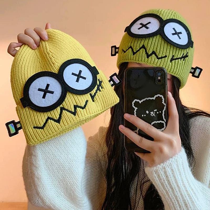 Cute Cartoon Cuff Beanie Cap Women'S Candy Color Big Eyes Smile Skullies Hat Fashion Streetwear Student Warm Winter Knitted