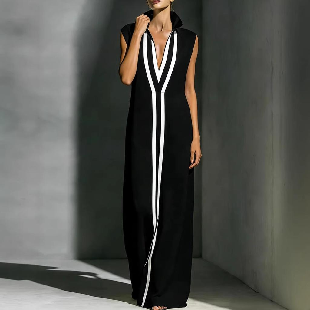 Women's Sleeveless V Neck Striped Jumpsuit, Wide Leg Elegant Romper with Collar for Summer