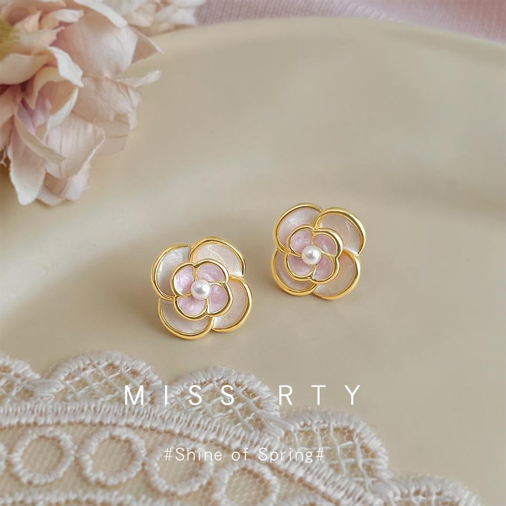 Elegant Pink Enamel Flower Earrings: Luxurious Gradient Drip Glaze Studs with Zirconia Detailing