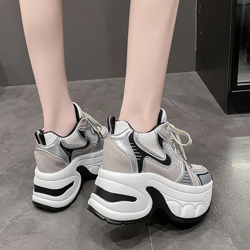Fashion High Platform Sneakers For Women New 2024 Autumn Mesh Shoes Comfortable Casual Chunky Shoes 10CM Wedge Heels Breathable Sneakers