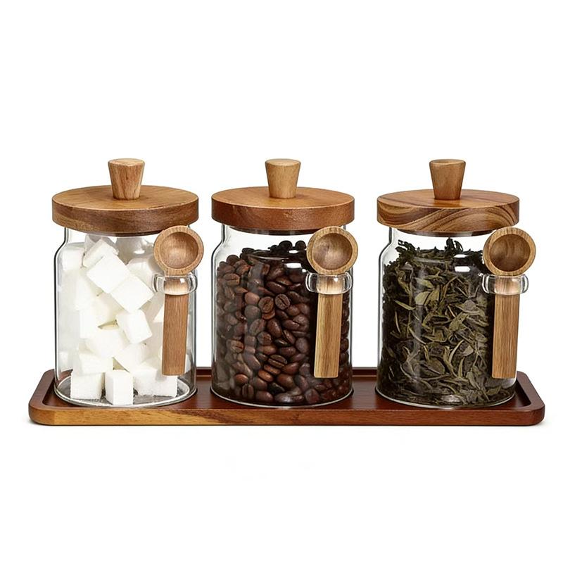 Creative High Borosilicate Glass Sealed Jar with Wooden Lid Storage Jar Coffee Tea Storage Bottle Grain Storage Bottle Container