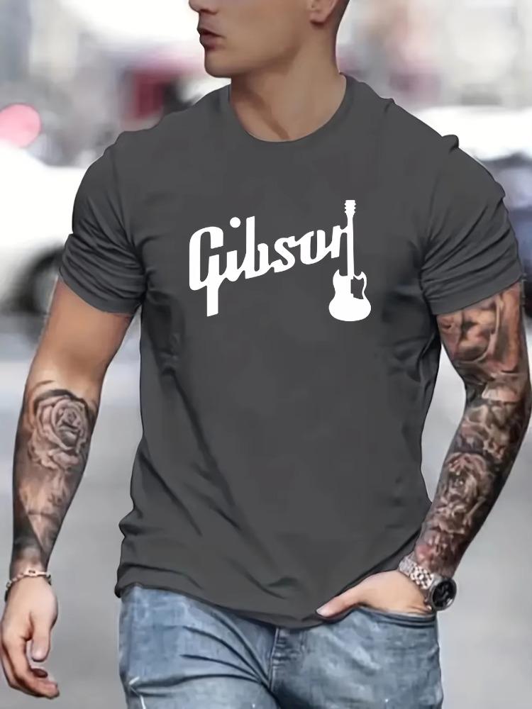 Men's Summer 100% Polyester Fashionable Casual Loose Large Gibson Guitar Printed Sports Round Neck Short Sleeve T-shirt Top