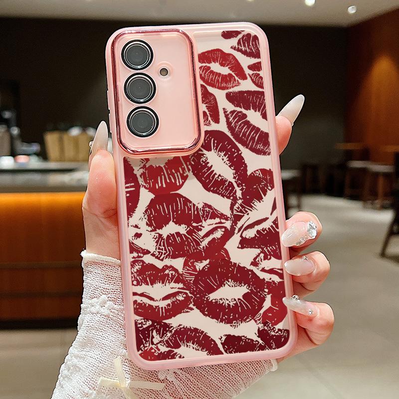 Carcasă de telefon transparentă subțire cu model de buze roșii pentru Samsung S25 Ultra S24 FE S23 Plus A56 A36 A16 A55 A15, folie de protecție pentru lentilă, rezistentă la șocuri, silicon moale, capac