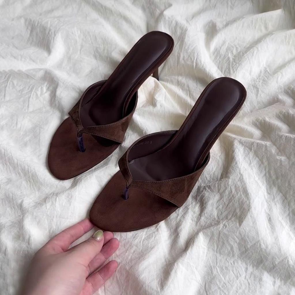 Retro high-heeled toe cool slippers flip-flops women's outer wear with skirt simple temperament stiletto sandals