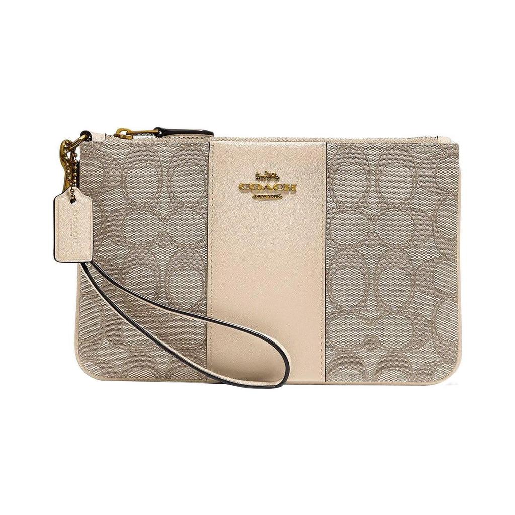 New COACH Boxed Jacquard With Luxury Style Calfskin Card Holder Clutch Wrist Bag Small Size Women's Brown 5476B-GDSHG