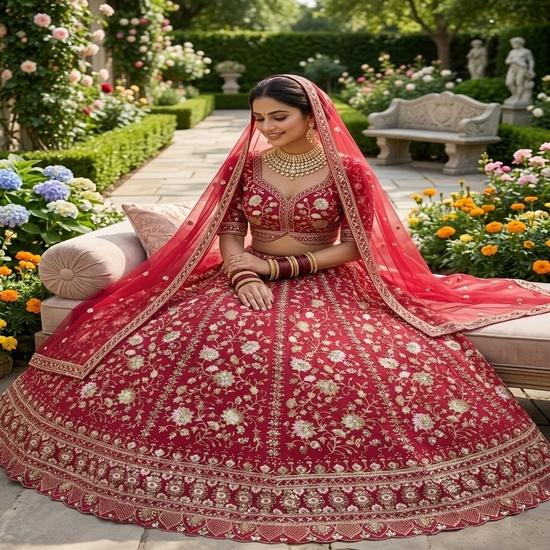 Women's Bridal Embroidered Semi-Stitched Lehenga Choli Set with Net Dupatta & Zari Work