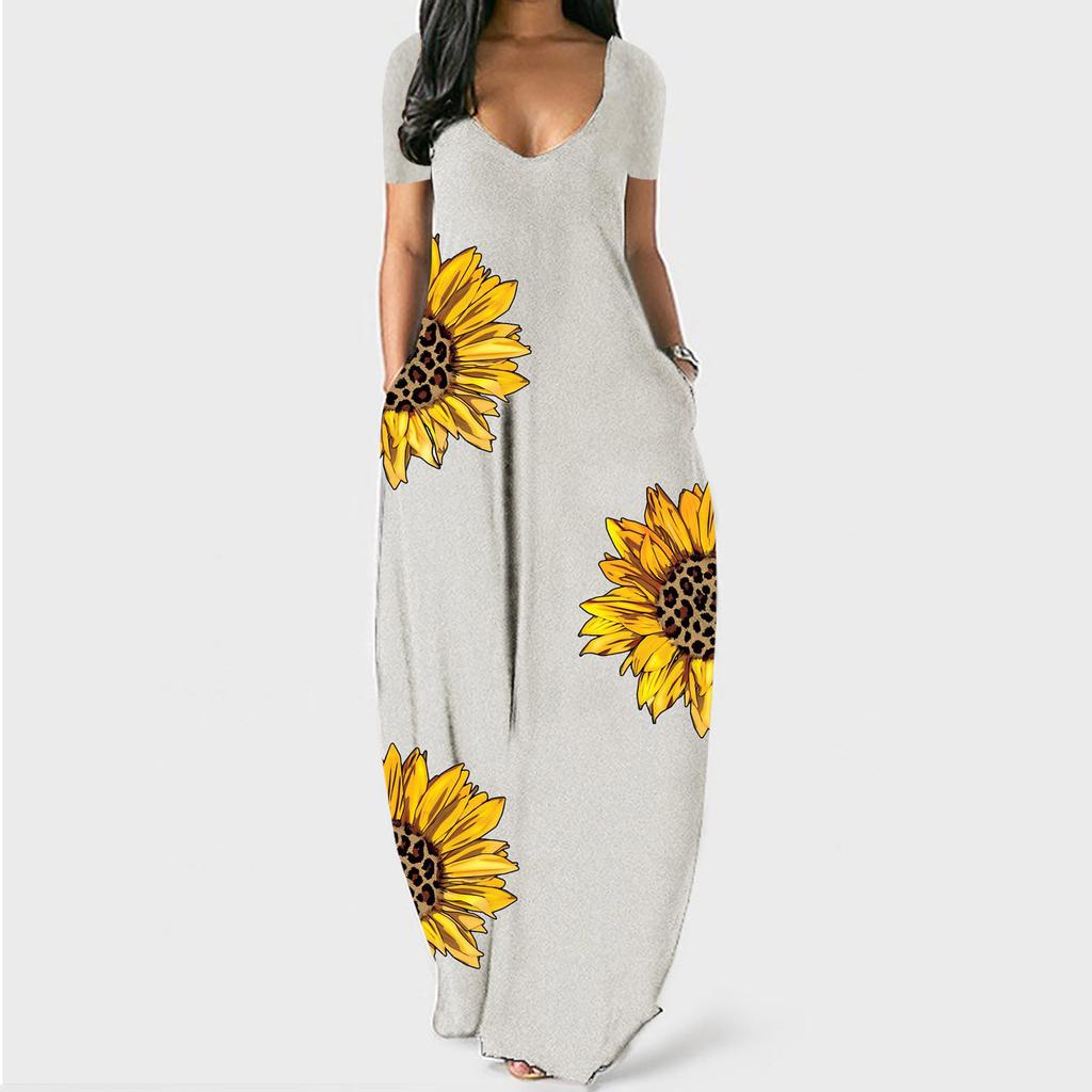 Women's Short-sleeved V-neck Sunflower Print Loose Long Dress
