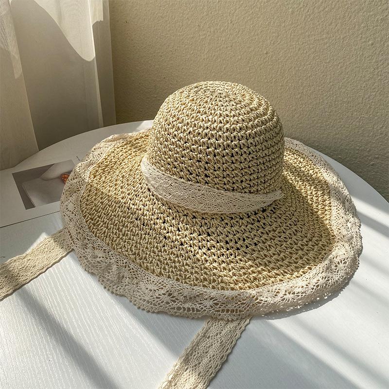 RH Female Lace Edge Foldable Crochet Straw Hat Summer Holiday Hollow Lovely Bow Flower Fringe Sunshade Beach Hat