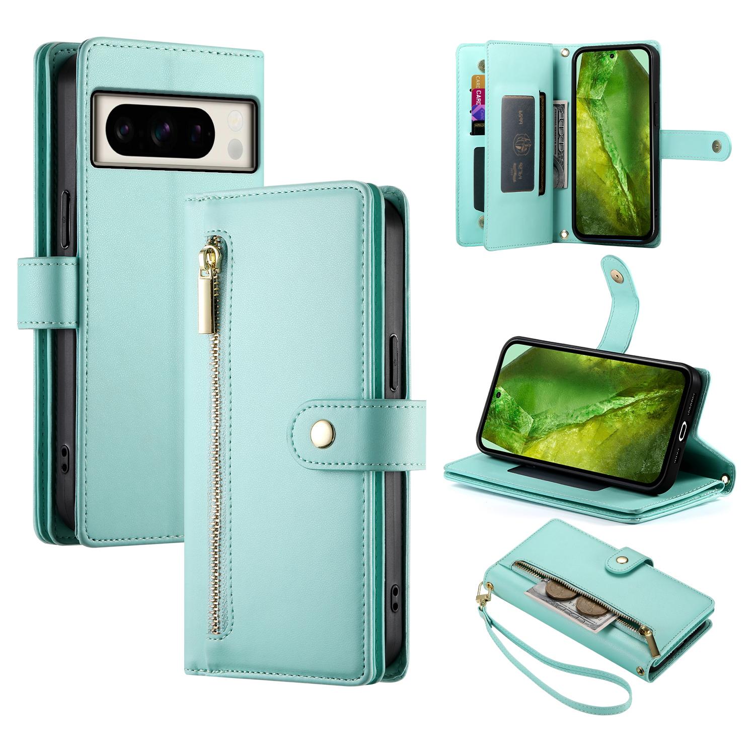 

DF-011 For Google Pixel 8a Case Zipper Pocket Stand Leather Phone Cover with Shoulder Strap Mint Green