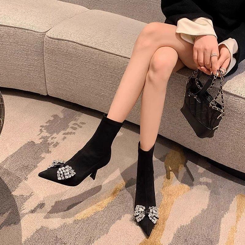 Women's Rhinestone Buckle Stiletto Heel Ankle Boots - Spring/Autumn 2025