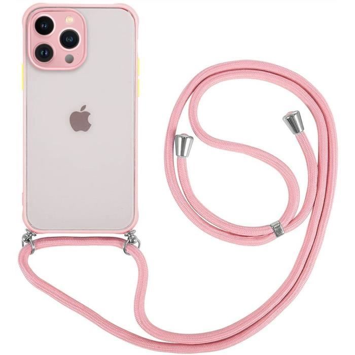 Coque pour iPhone 13 Pro - Noname - Rigide Dure - Givrée - Rose - Bandoulière Réglable