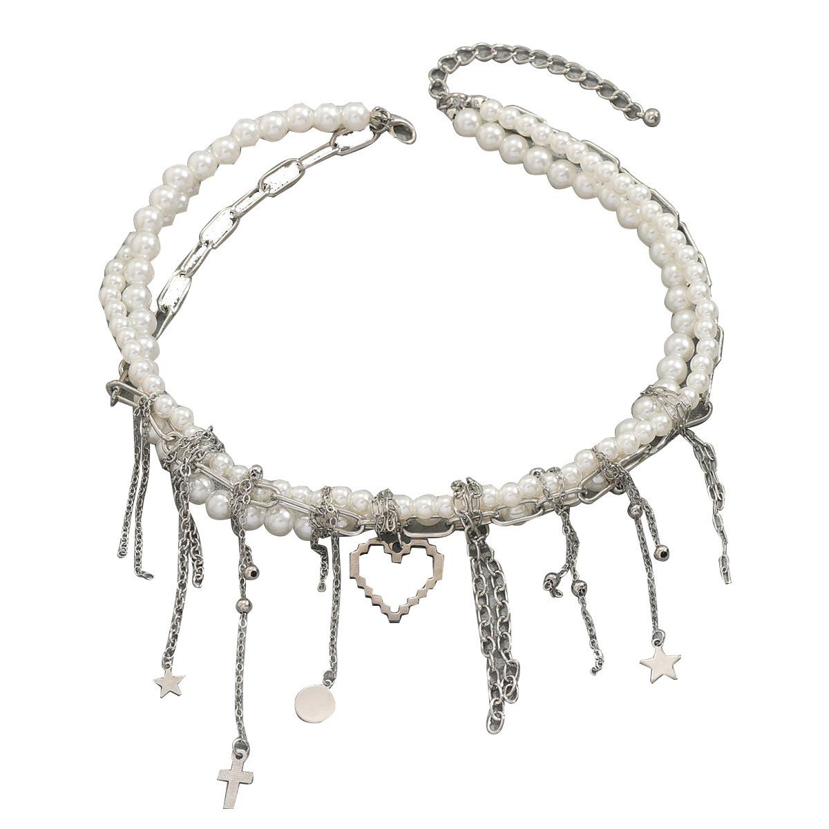 Fashionable Heart-shaped Cross Wrapped Necklace imitation pearl tassel