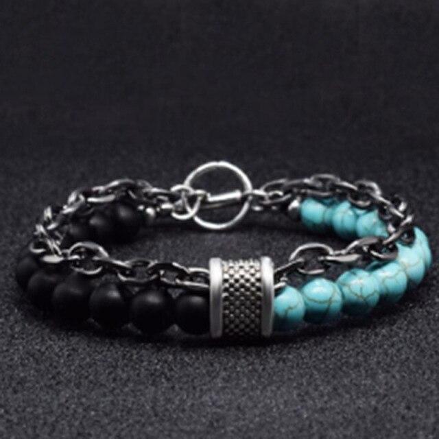 Latest Black White Stone Men 'S Bracelets Double Chain Link Stainless Steel Beaded Bracelets Bangle Male JewelryFashion Chain
