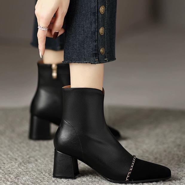 Autumn and Winter Martin Boots Square Head and Ankle Boots Thick Heel Short Tube Women's Color Matching Versatile Thin Leather Boots