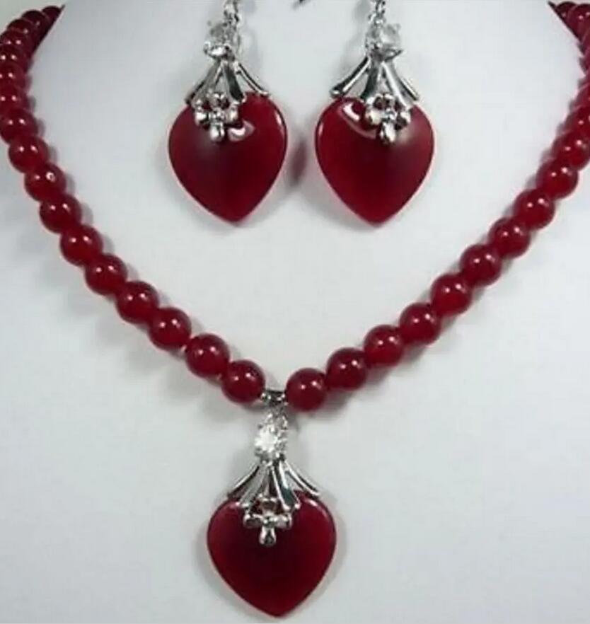 

Красно-зеленый Фиолетовый нефрит Ожерелье в форме сердца кулон Серьги