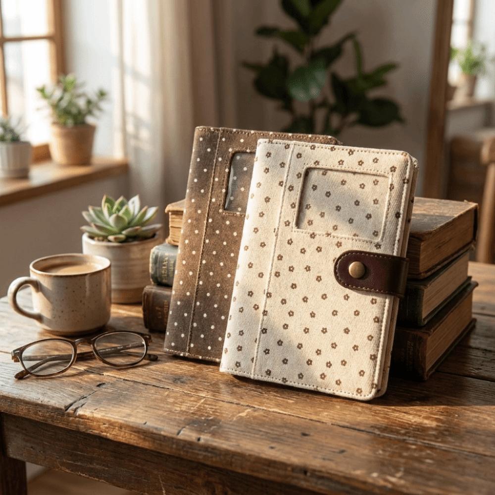 Card Pocket Polka Dot A7 Notebook Denim Fabric Stationery Album Journal Binder Cover Portable