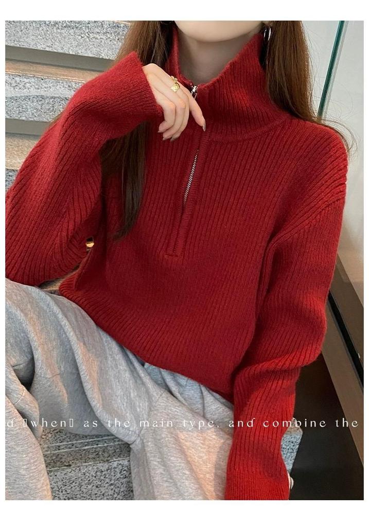 Women's Half-Zip Sweater, Loose Knitwear with Lapel Design, for Spring and Autumn 2026.