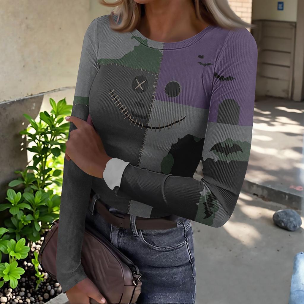 Women Halloween Print Long Sleeve Slim Fit Crew Neck Base Shirt Stretchy Ribbed Fabric Casual Top for Autumn and Winter