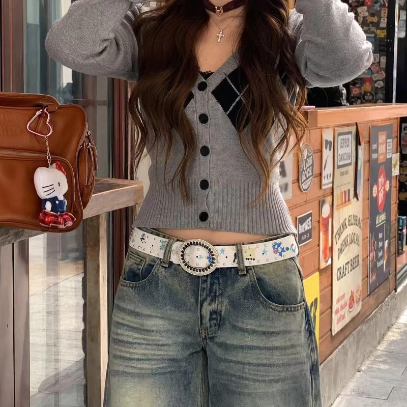 American Retro Cartoon Graffiti Belt, Hot Girl Waist Belt with Rhinestone Buckle, Rivet Decoration and Bear Ornaments