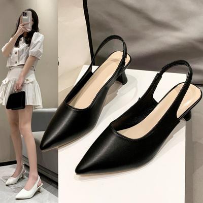Baotou Back Empty Sandals High Heels Women's Thick Heel 2024spring New Single Shoes Pointed Toe Black Work Shoes High Heels