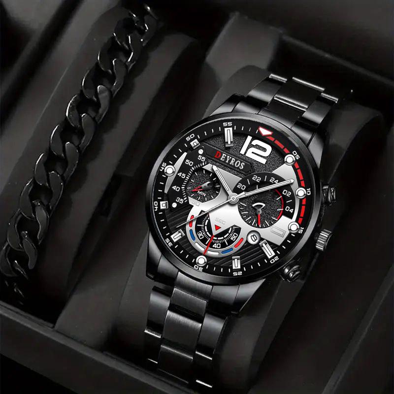 

2pcs Luxury Mens Silver Quartz Watch With Stainless Steel Bracelet Men Fashion Business Casual Watch Luminous Clock