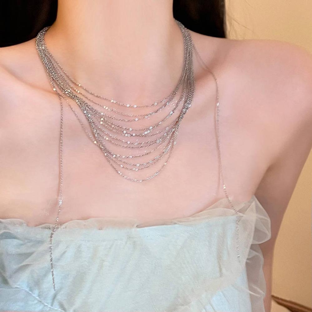 Multilayer Flash Fringe Necklace Glitter Long Sweater Chain Fashion Multi Layer Necklaces  Wedding