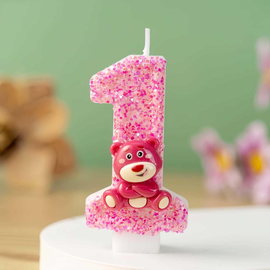 Cartoon Pink Bear Birthday Number Candles Cake Decoration