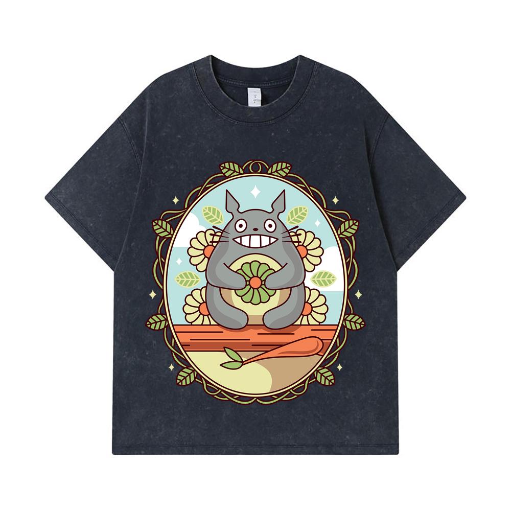 275 GSM Washed T-shirts 100% Cotton Ghibli V6 Totoro Print Unisex Heavy Cotton T Shirt