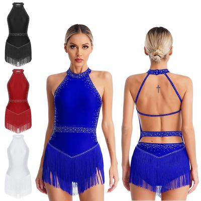 Womens Shiny Rhinestones Tassel Leotard Dress Halter Sleeveless Backless Fringe Bodysuit Ballroom Latin Dance Costume