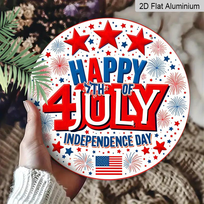 2D Flat, 1pc Round Aluminum "Happy 4th of July Independence Day" Sign, Patriotic Stars & Fireworks Metal Plaque, Red White Blue USA Flag Design
