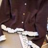 Spring & Autumn Patchwork Ruffle Slimming Cardigan with Colorful Buttons - Women's Long Sleeve Base Top