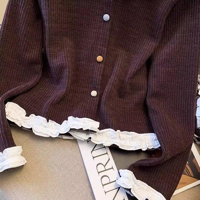 Spring & Autumn Patchwork Ruffle Slimming Cardigan with Colorful Buttons - Women's Long Sleeve Base Top