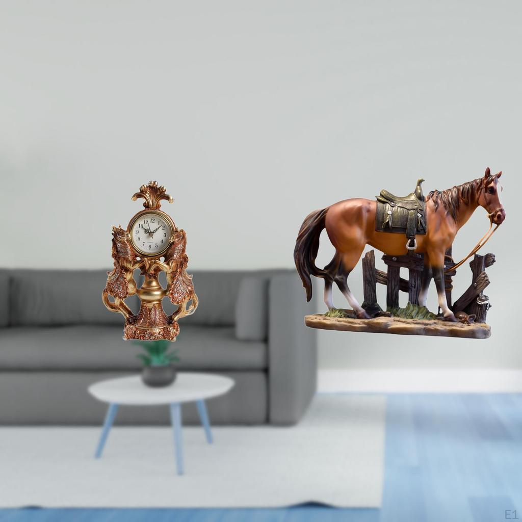 Horse Clock Figurine Art Ornament Resin Sculpture Animal Table Statue for Living Room Desk Shelf