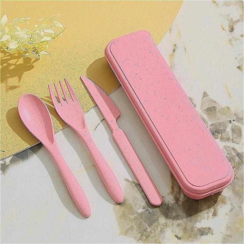 2 st Rosa Portabelt Bordsbestick Vetehalm Bordsbestick Set Tredelat Set med Gafflar Skedar Knivar Resebordsbestick Campingbestick