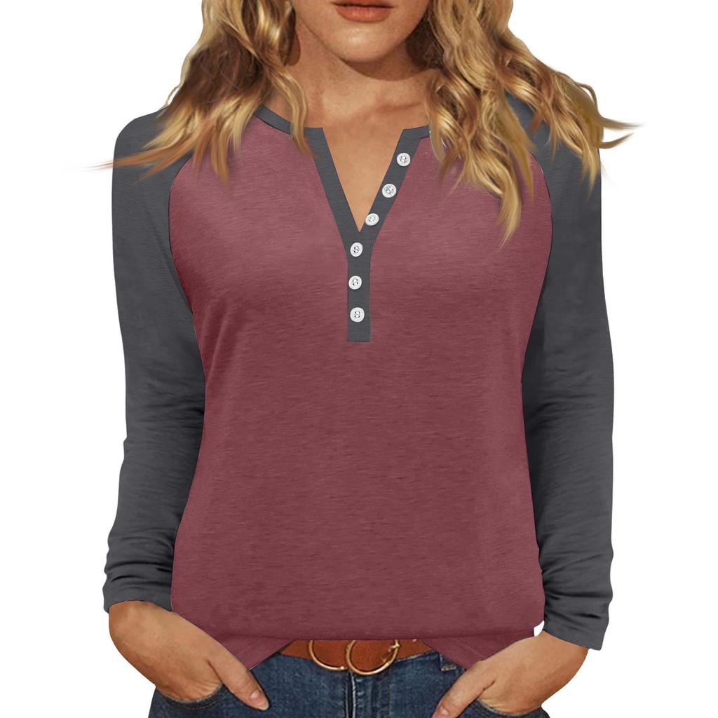 Women's T Shirt Color Block Button Long Sleeve Daily Weekend Fashion Basic V- Neck Regular Top