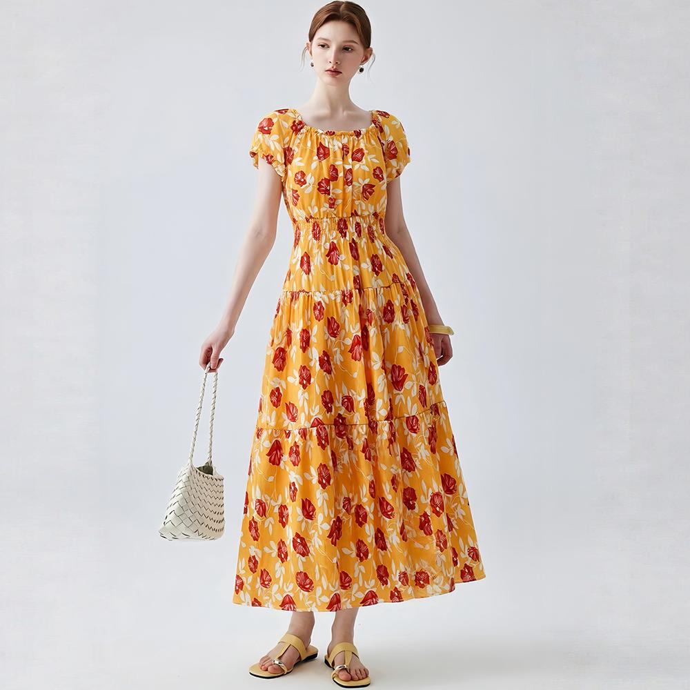 Bohemian Cotton-Silk Floral Printted Off-the-Shoulder French-Style Summer Dress for Women Ethnic-Style Elastic Waistband Pleayed Long Dress