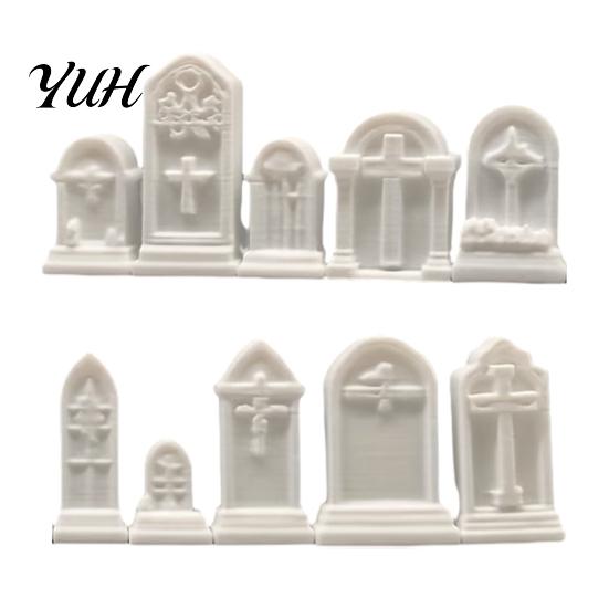 Miniature Horror Scene Props 10Pcs Mini Tombstone, 3D Printed Unpainted Gravestone Model Kit, Micro Cemetery PLA Parts Diorama Accessories, Halloween