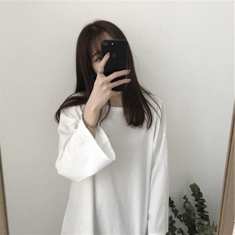 Solid Long Sleeve Tee Women Autumn Korean Loose Versatile Slim Base Layer Student Top