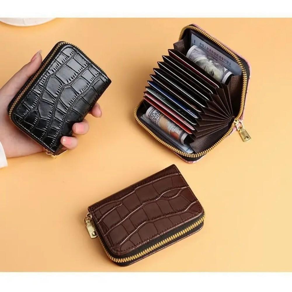 Vintage Mini Slim Card Holder with Zipper PU Zero Wallet Crocodile Pattern Multi Card Slots Thin Small Purse Driver License Case