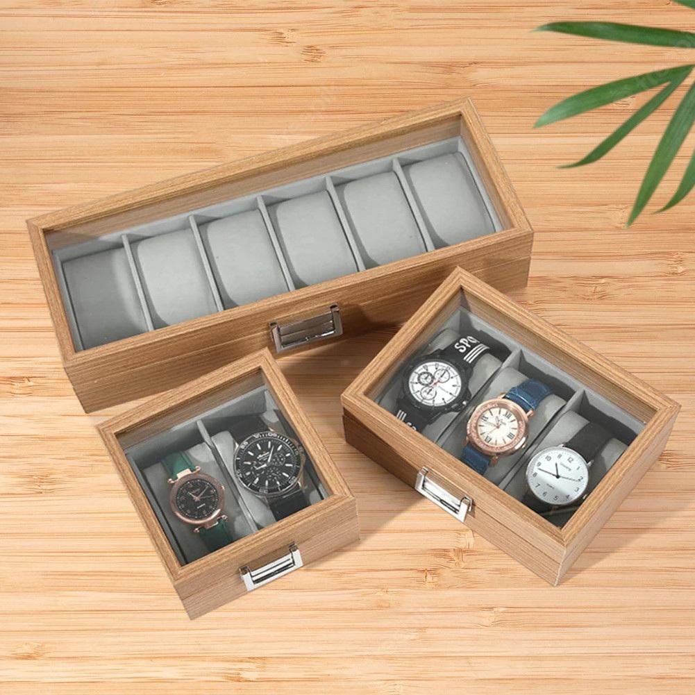 3/6 Grid Slot Watches Case Wooden Glass Watch Box Display Jewelry Metal Lock Organizer Wooden Watch Storage Box