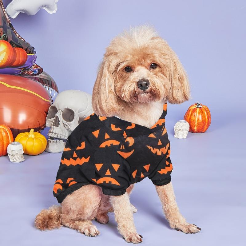 Black Hooded Halloween Dog Costume, Winter Warm Pumpkin Print Pet Sweatshirt, Small Dog Festive Outfit, Halloween Party Clothes