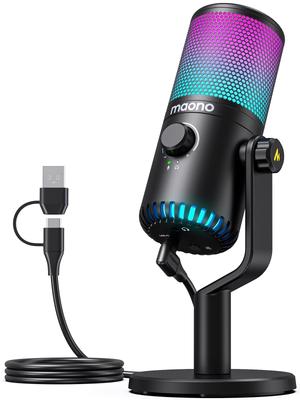 Microfone condensador USB MAONO Microfone para jogos Microfone para PC Software dedicado Iluminação RGB Botão mudo Terminal de saída de fone de ouvido unidirecional